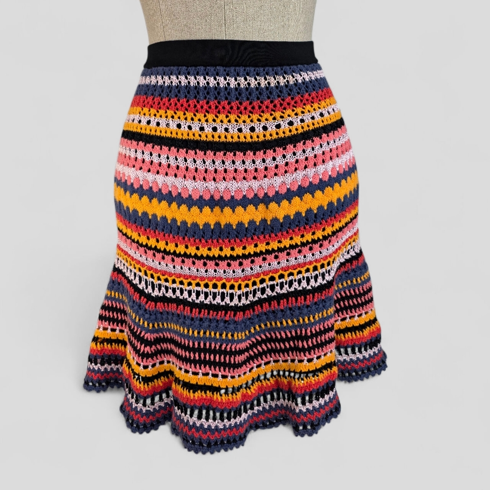 Adam Selman Multicolor Crochet Knit Skirt Boho Flare Hem Size S